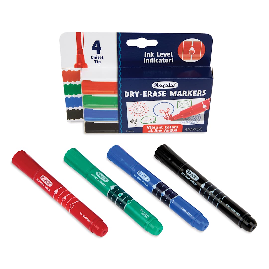 Open in modal - Crayola Dry-Erase Markers - Assorted Colors, Chisel Tip, Set of 4, contents and packaging