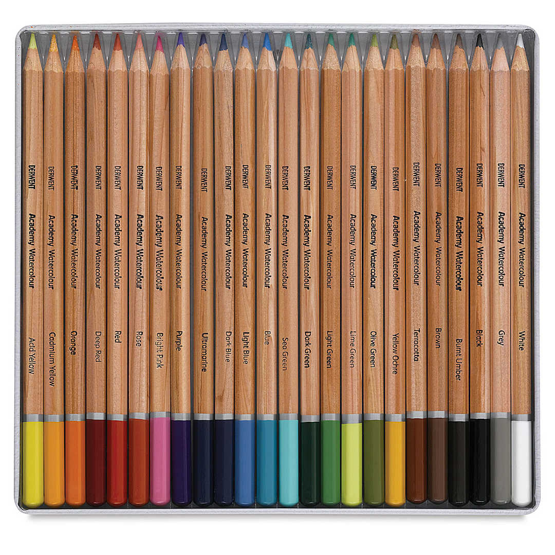 Open in modal - Derwent Academy Watercolor Pencils - Open package of set of 24 showing pencils in storage tray