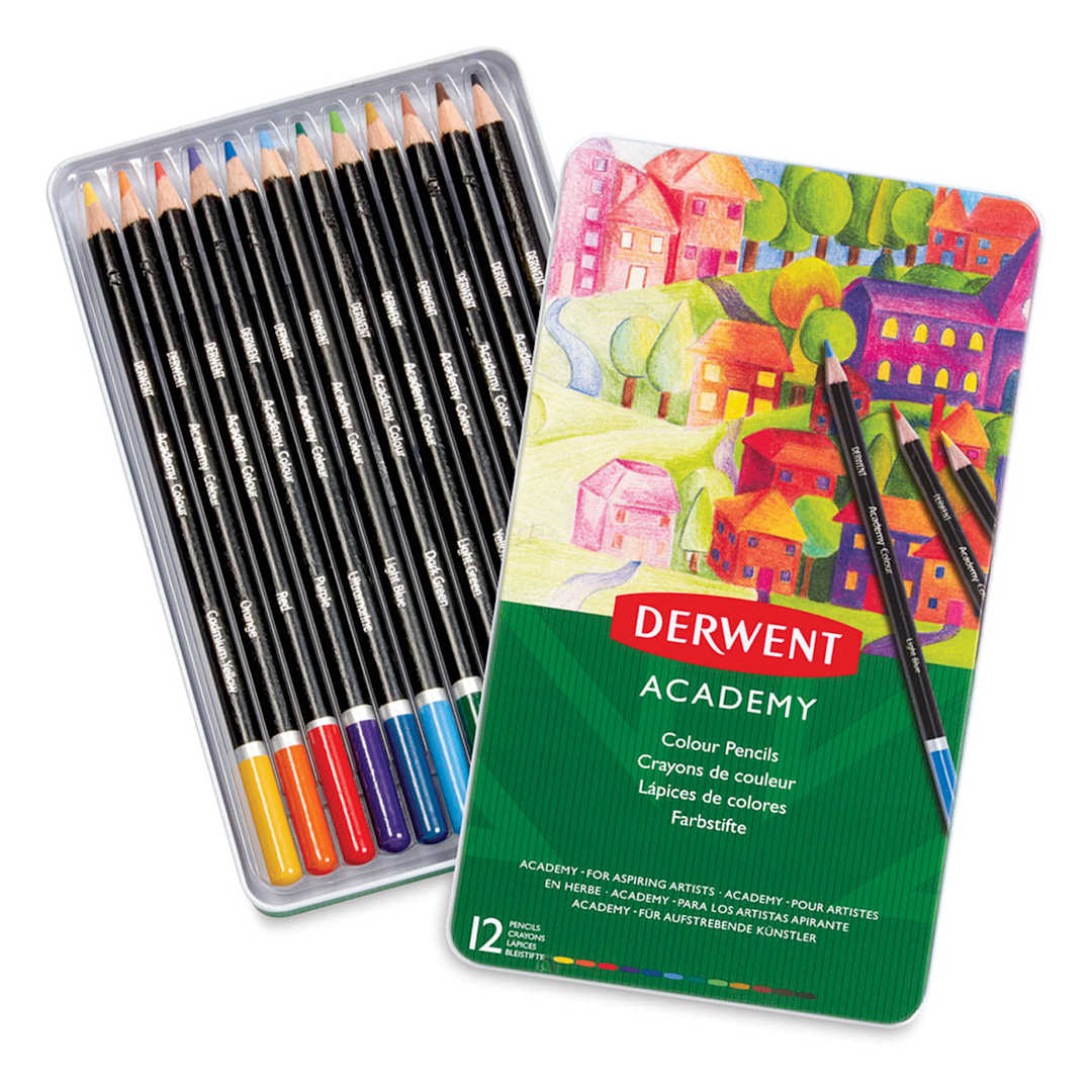 Open in modal - Derwent Academy Colored Pencil Set - Set of 12 pencils in tray with tin cover slightly removed