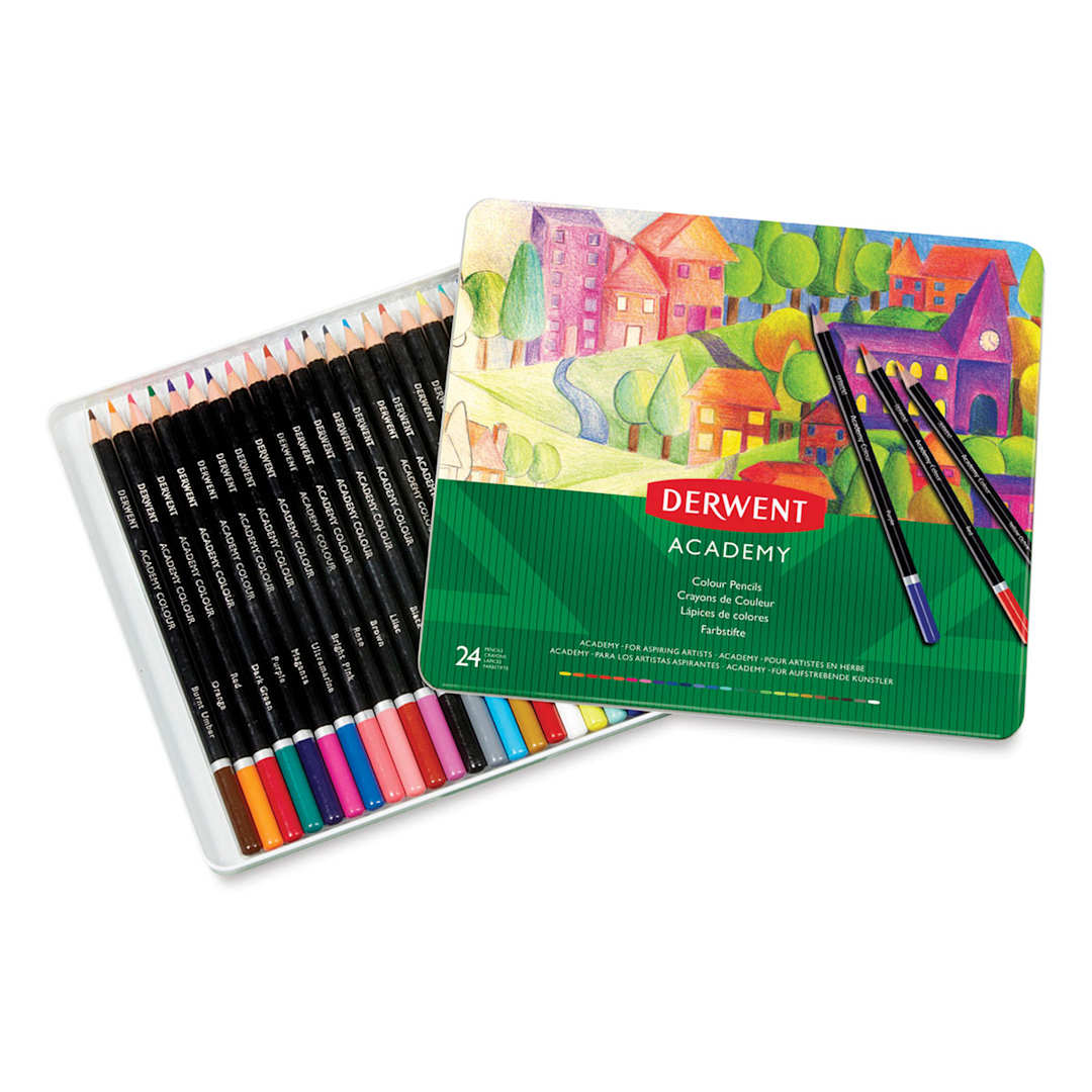 Open in modal - Derwent Academy Colored Pencil Set - Set of 24 pencils in tray with tin cover slightly removed