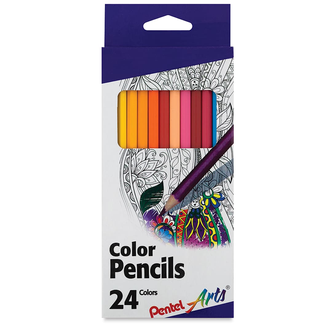 Open in modal - Pentel Arts Color Pencil Sets - Front of package of 24 pencils showing some colors thru window