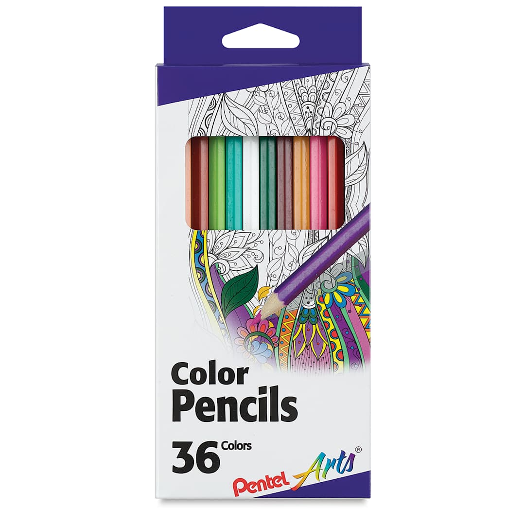 Open in modal - Pentel Arts Color Pencil Sets - Front of package of 36 pencils showing some colors thru window