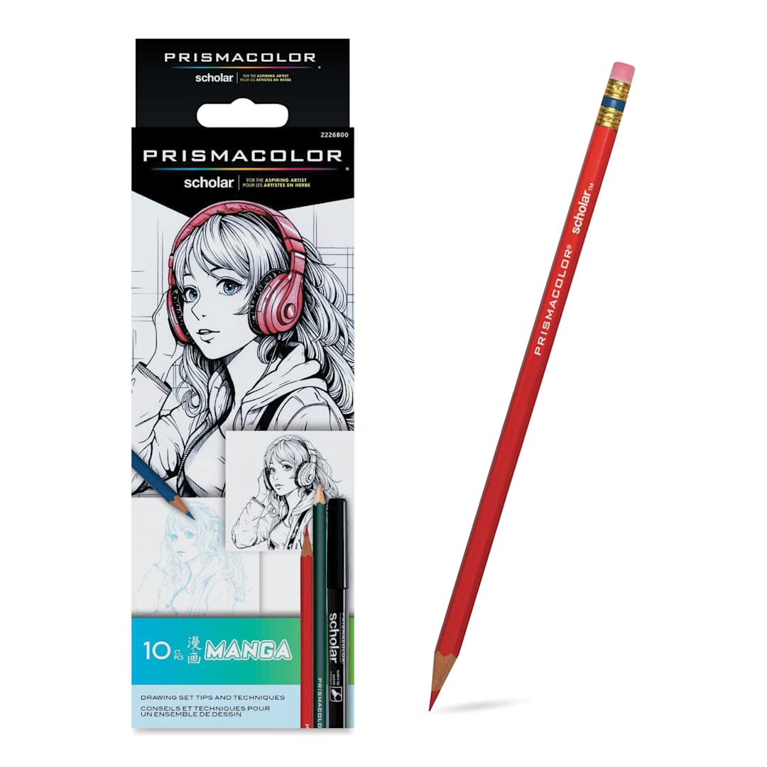 Open in modal - Prismacolor Scholar Manga Drawing Set - front of packaging and Carmine eraseable colored pencil