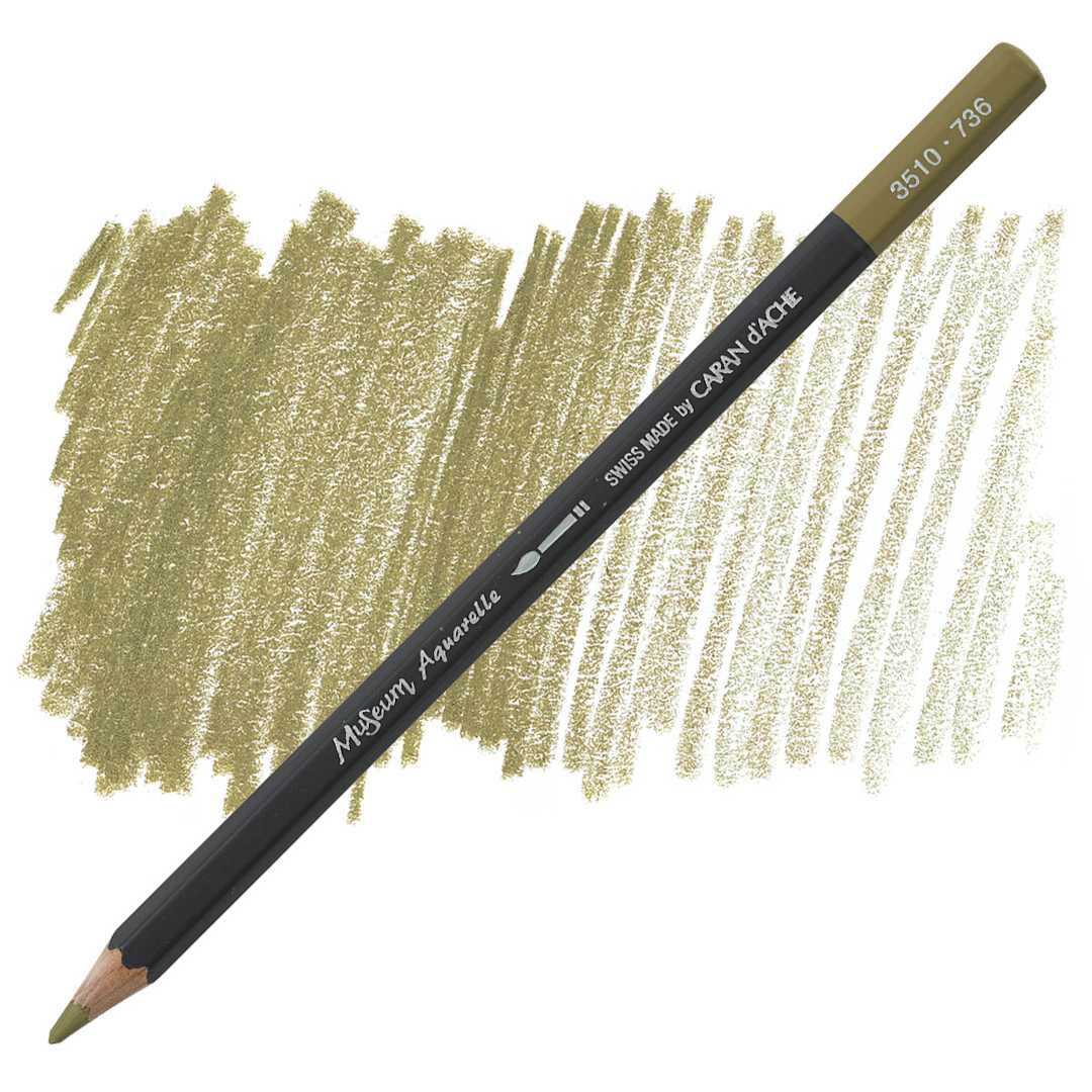 Open in modal - Caran D'Ache Museum Aquarelle Pencil - Brown Olive 50% pencil and swatch