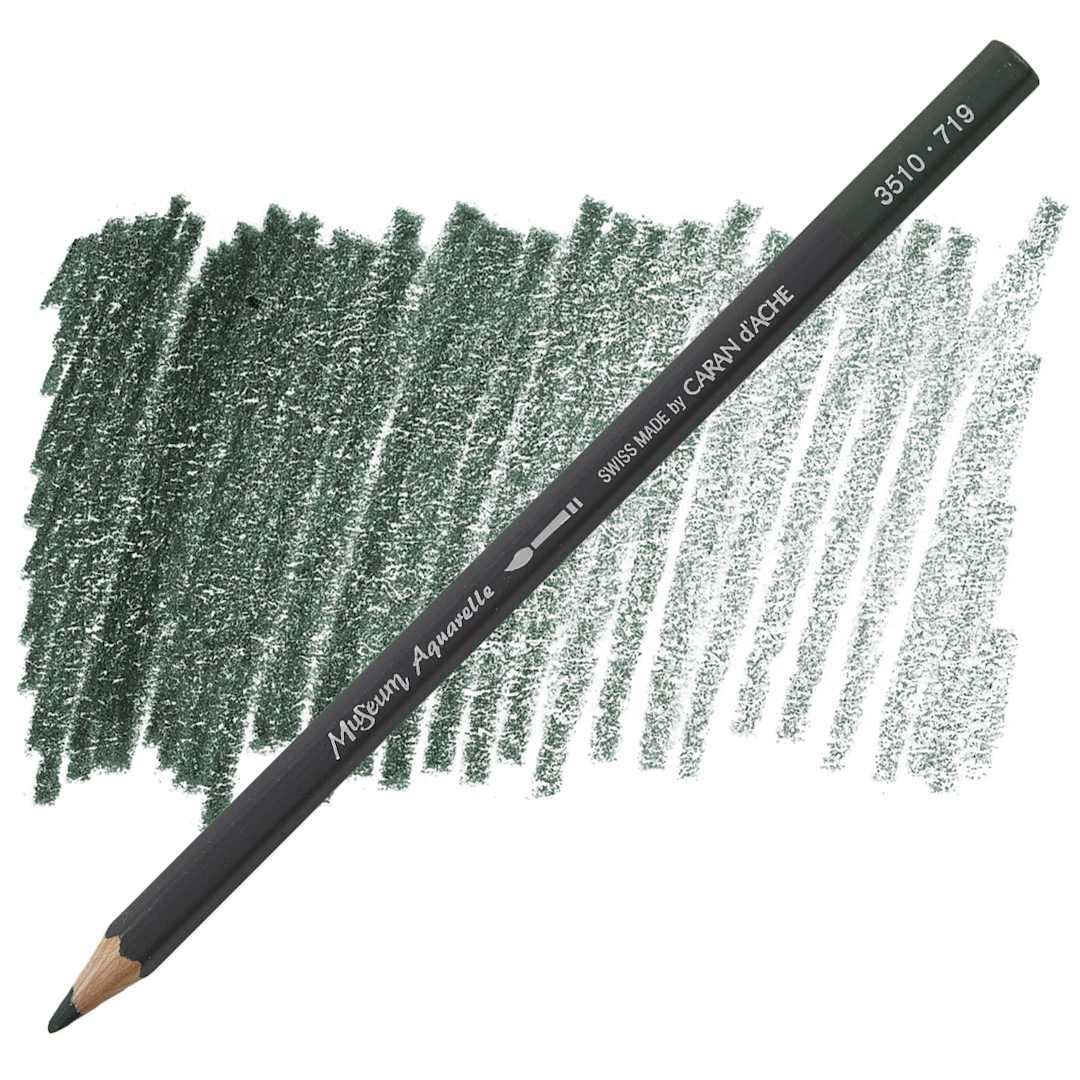 Open in modal - Caran D'Ache Museum Aquarelle Pencil - Dark Phthalocyanine Green pencil and swatch