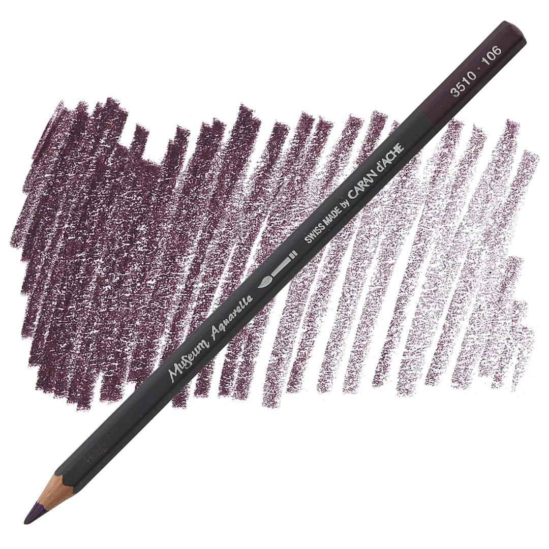 Open in modal - Caran D'Ache Museum Aquarelle Pencil - Dark Plum pencil and swatch