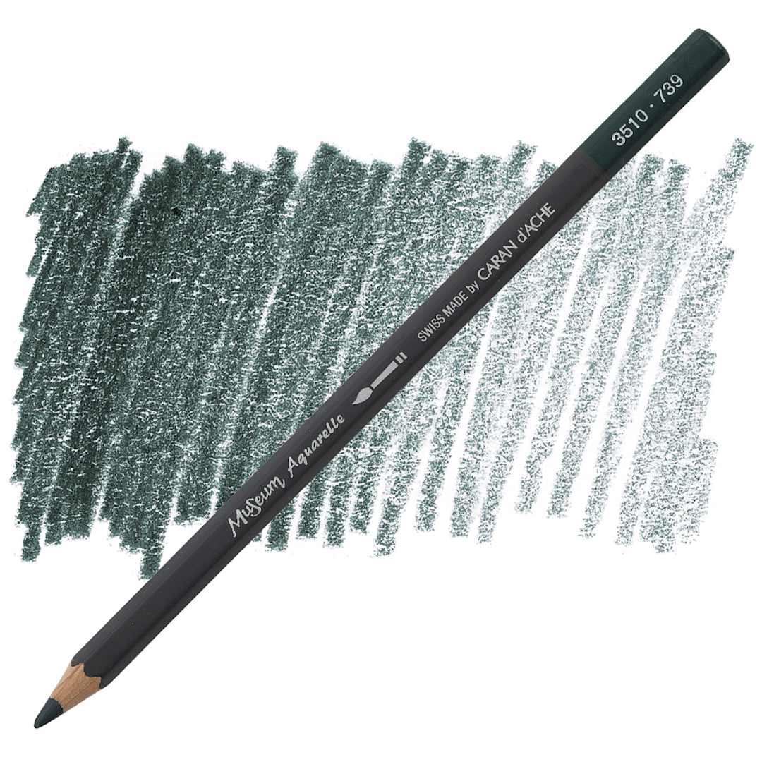 Open in modal - Caran D'Ache Museum Aquarelle Pencil - Dark Sap Green pencil and swatch