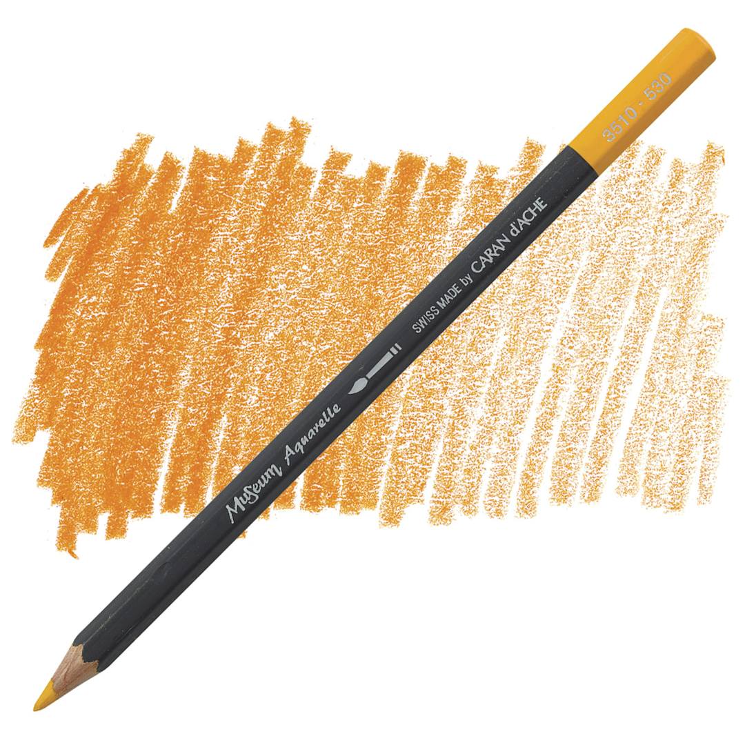 Open in modal - Caran D'Ache Museum Aquarelle Pencil - Gold Cadmium Yellow pencil and swatch