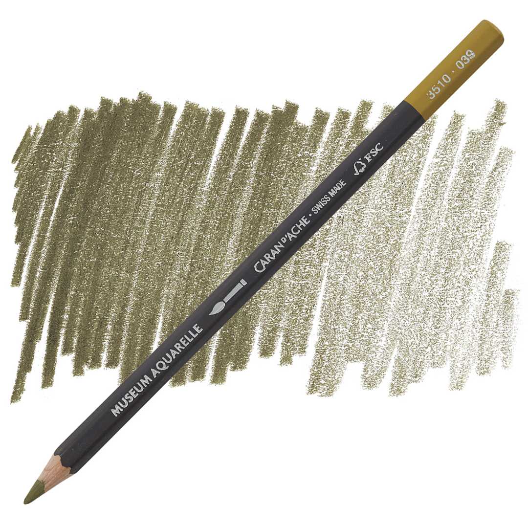 Open in modal - Caran D'Ache Museum Aquarelle Pencil - Olive Brown pencil and swatch