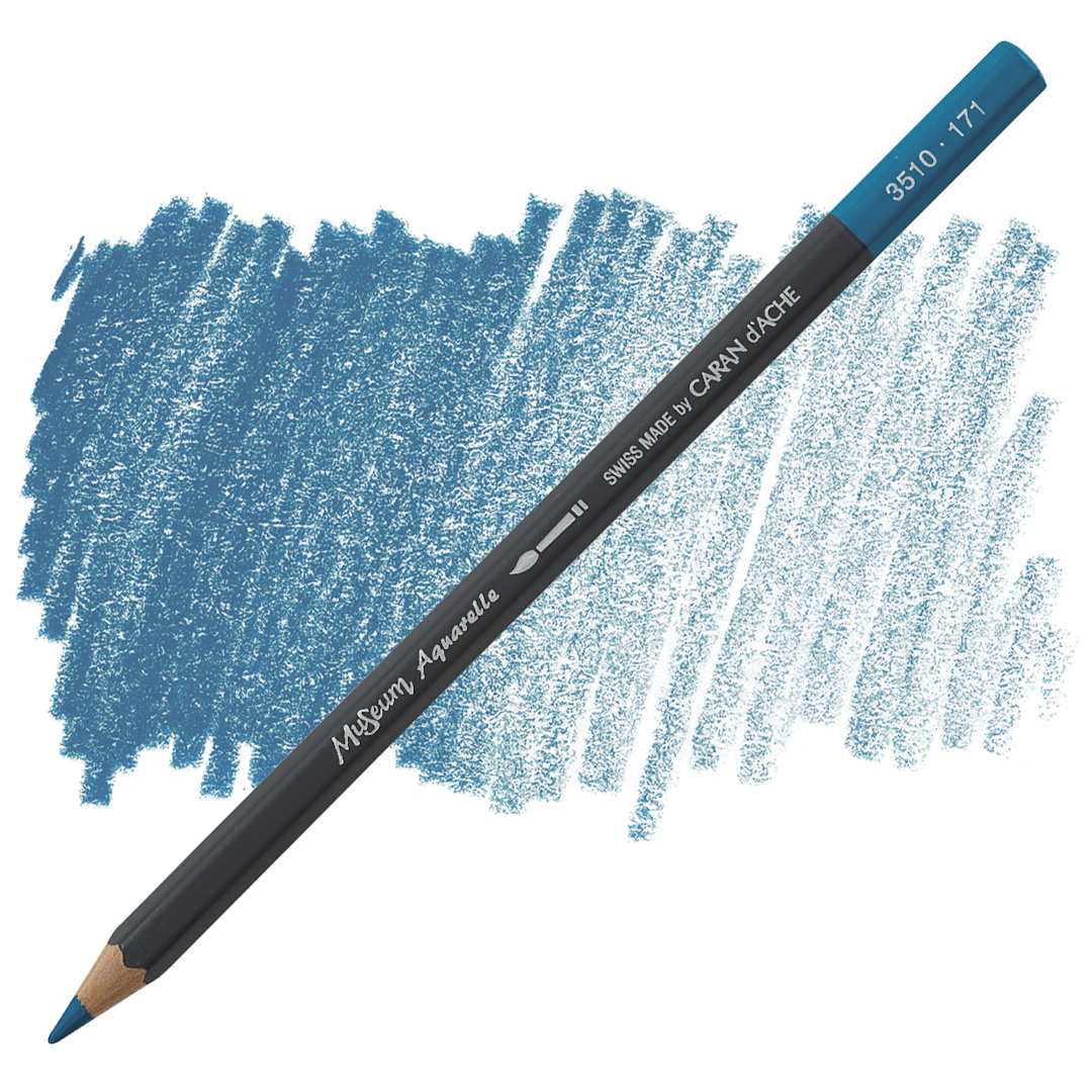 Open in modal - Caran D'Ache Museum Aquarelle Pencil - Turquoise Blue pencil and swatch
