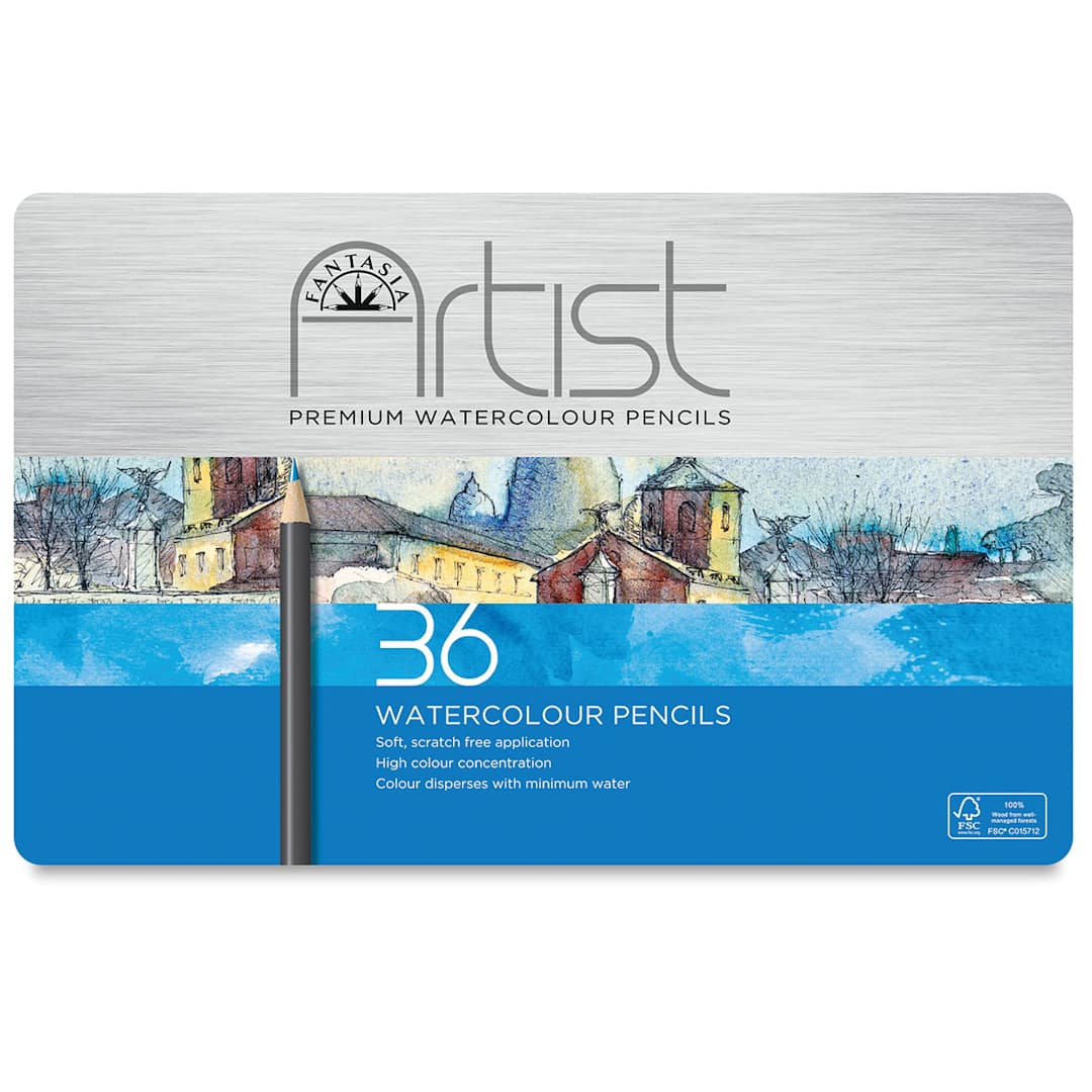 Open in modal - Fantasia Watercolor Pencils - Top view of tin of 36 Watercolor pencils