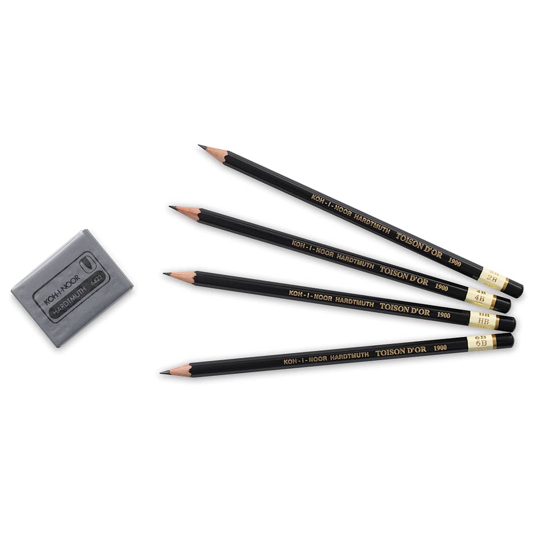 Open in modal - Toison D'or Professional Graphite Pencil Set - Four Pencils shown horizontally with eraser
