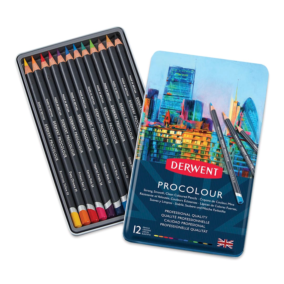 Open in modal - Derwent ProColour Colored Pencils - Set of 12, shown in opened tin container
