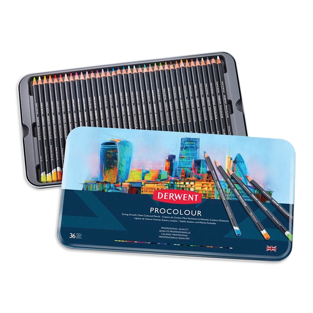 Open in modal - Derwent ProColour Colored Pencils - Set of 36, shown open in tin container