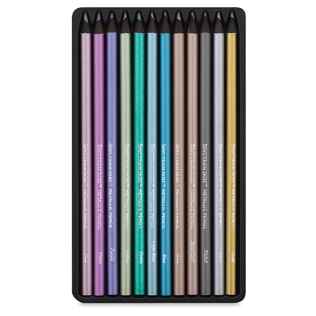 Open in modal - Spectrum Noir Metallic Colored Pencil Set - 12 Metallic pencils shown in open storage tin