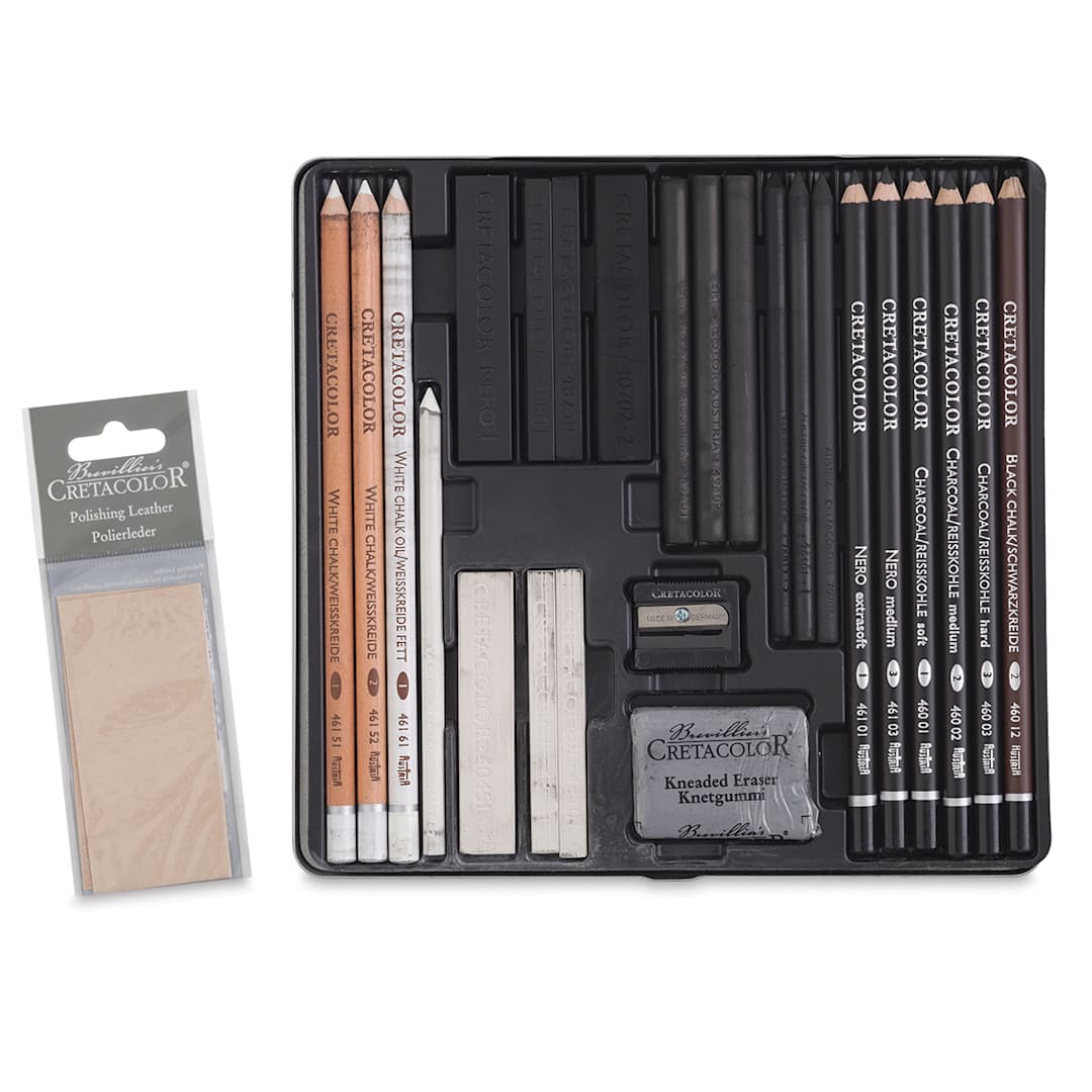 Open in modal - Cretacolor Black & White Drawing Set - Components of set shown in storage Tray