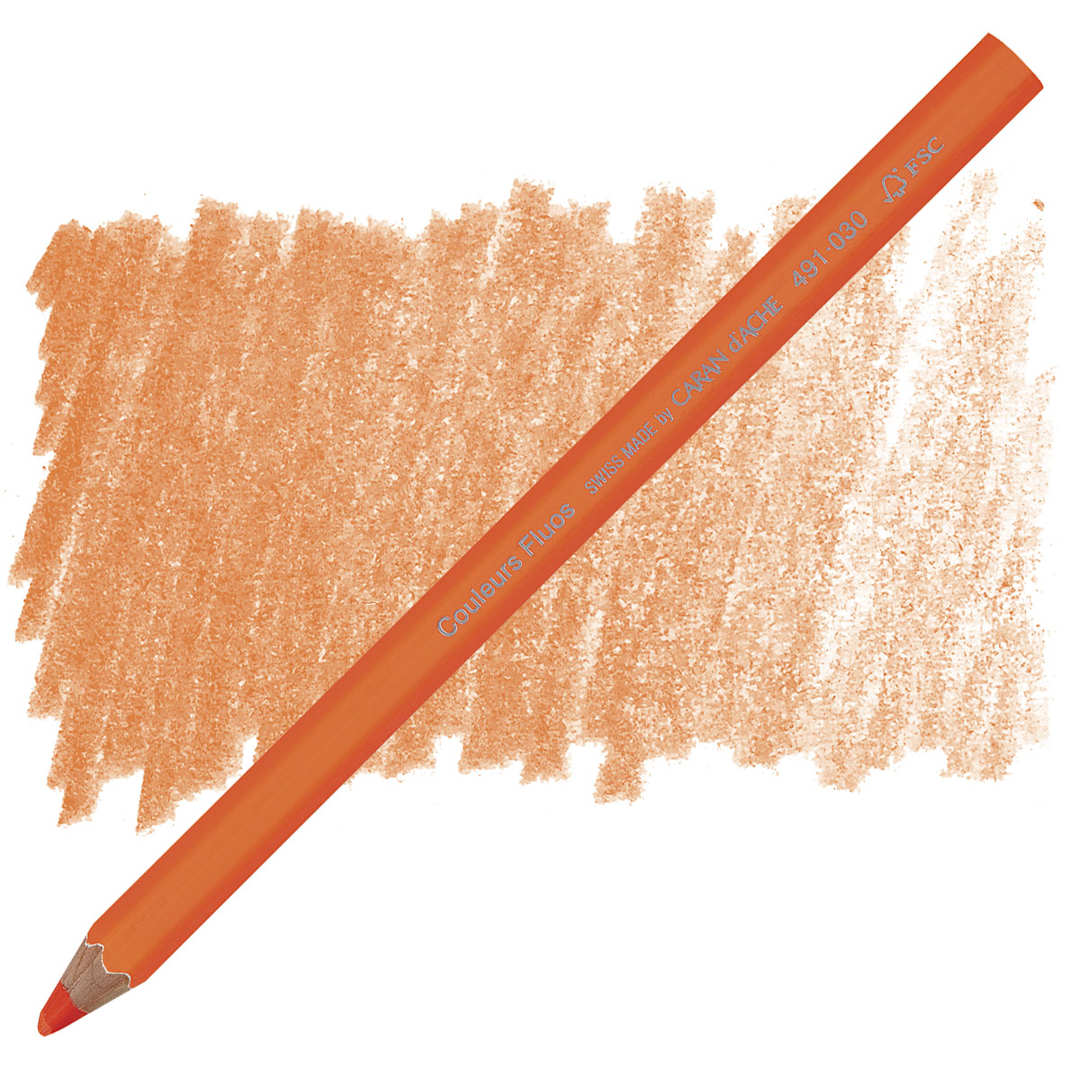 Open in modal - Caran d'Ache Colorblock Maxi Fluo Colored Pencil - Fluorescent Orange pencil and swatch