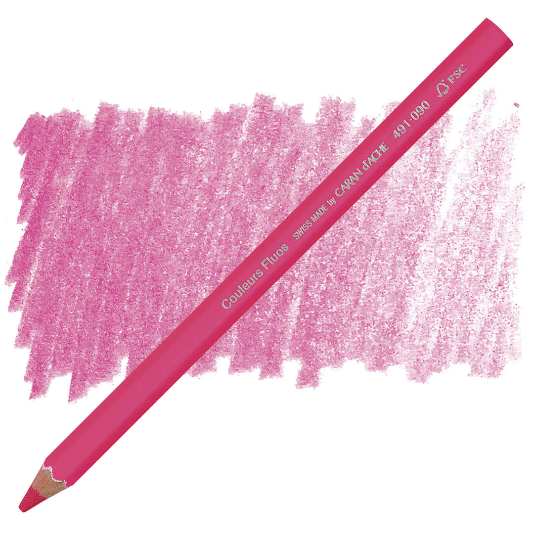 Open in modal - Caran d'Ache Colorblock Maxi Fluo Colored Pencil - Fluorescent Pink pencil and swatch