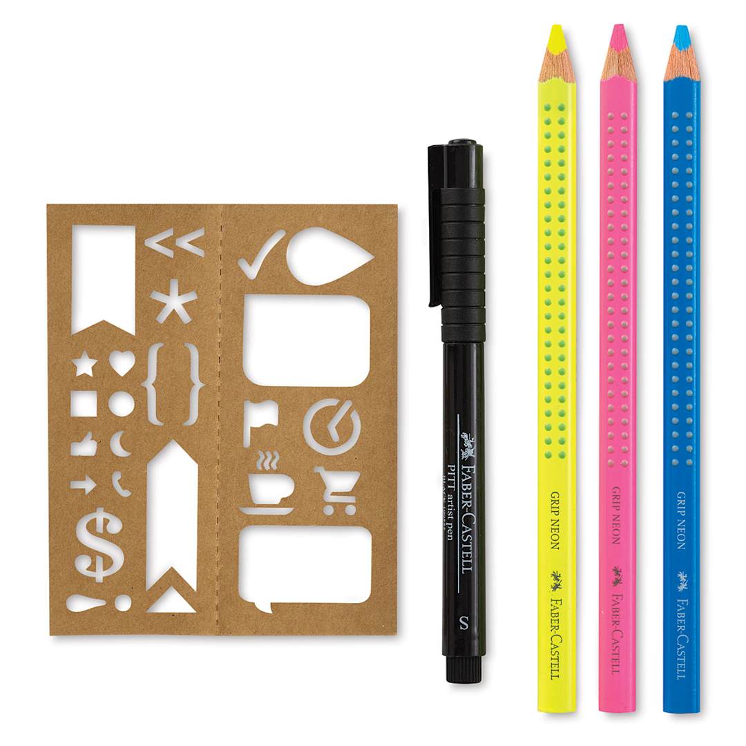 Open in modal - Design Memory Craft Essential Planner Pack - Component pencils, pen and stencil
