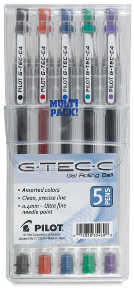 Open in modal - G-Tech-C Rolling Ball Gel Pens - Front of clear plastic package of 5 color pens