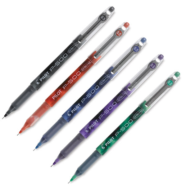 Open in modal - Pilot P-500/P-700 Gel Rollers - 6 colored pens at angle and uncapped
