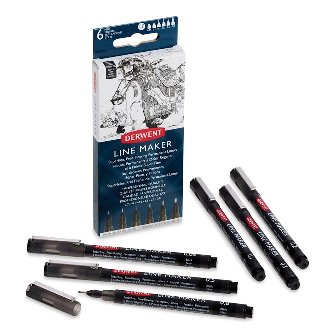 Open in modal - Derwent Line Makers - Components of Black Set of 6 shown next to package, 1 with cap off