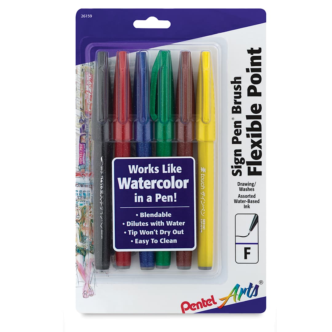 Open in modal - Pentel Arts Brush Tip Sign Pen - Front of package of set of 6 Primary Colors