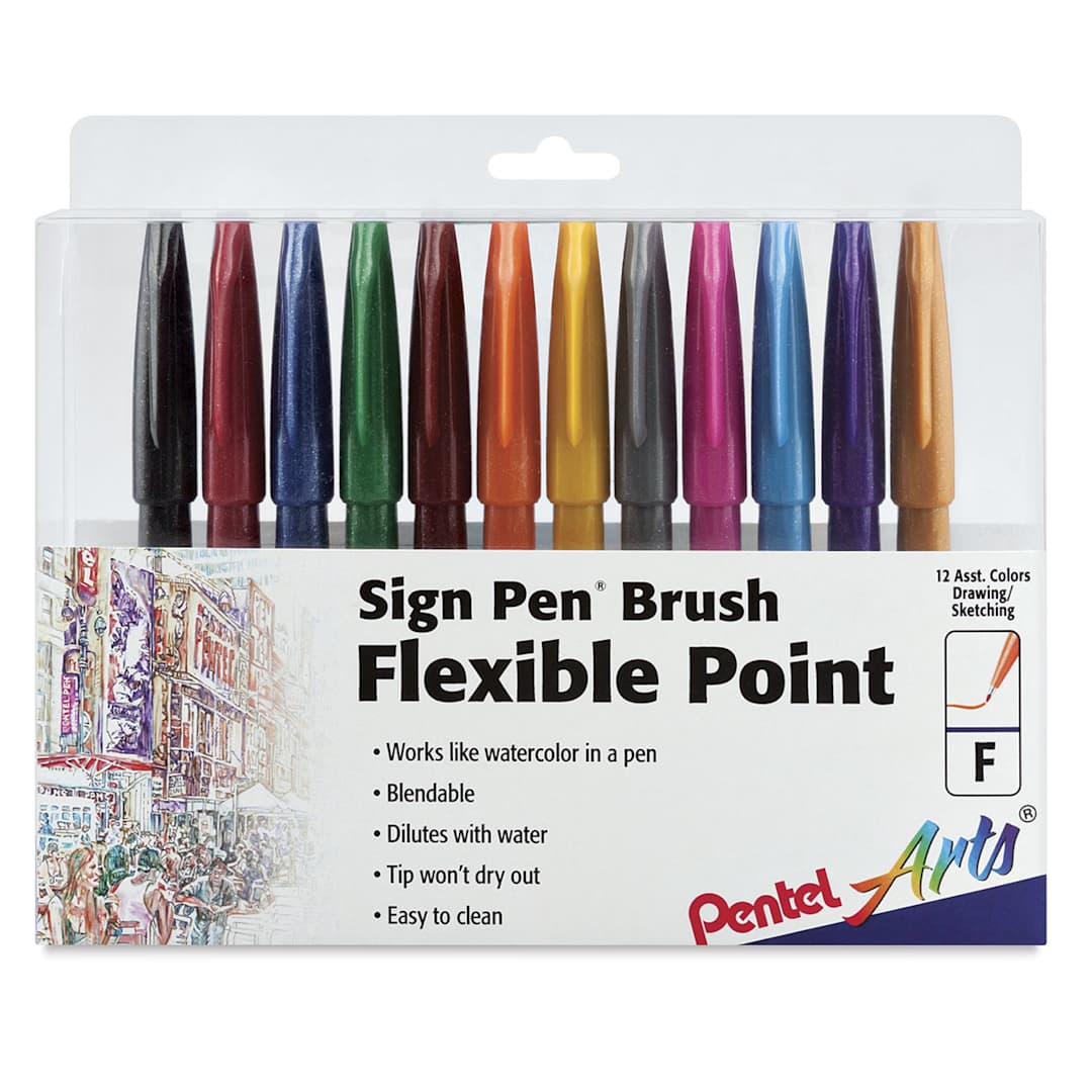Open in modal - Pentel Arts Brush Tip Sign Pen - Front of package of Set of 12 Assorted Colors