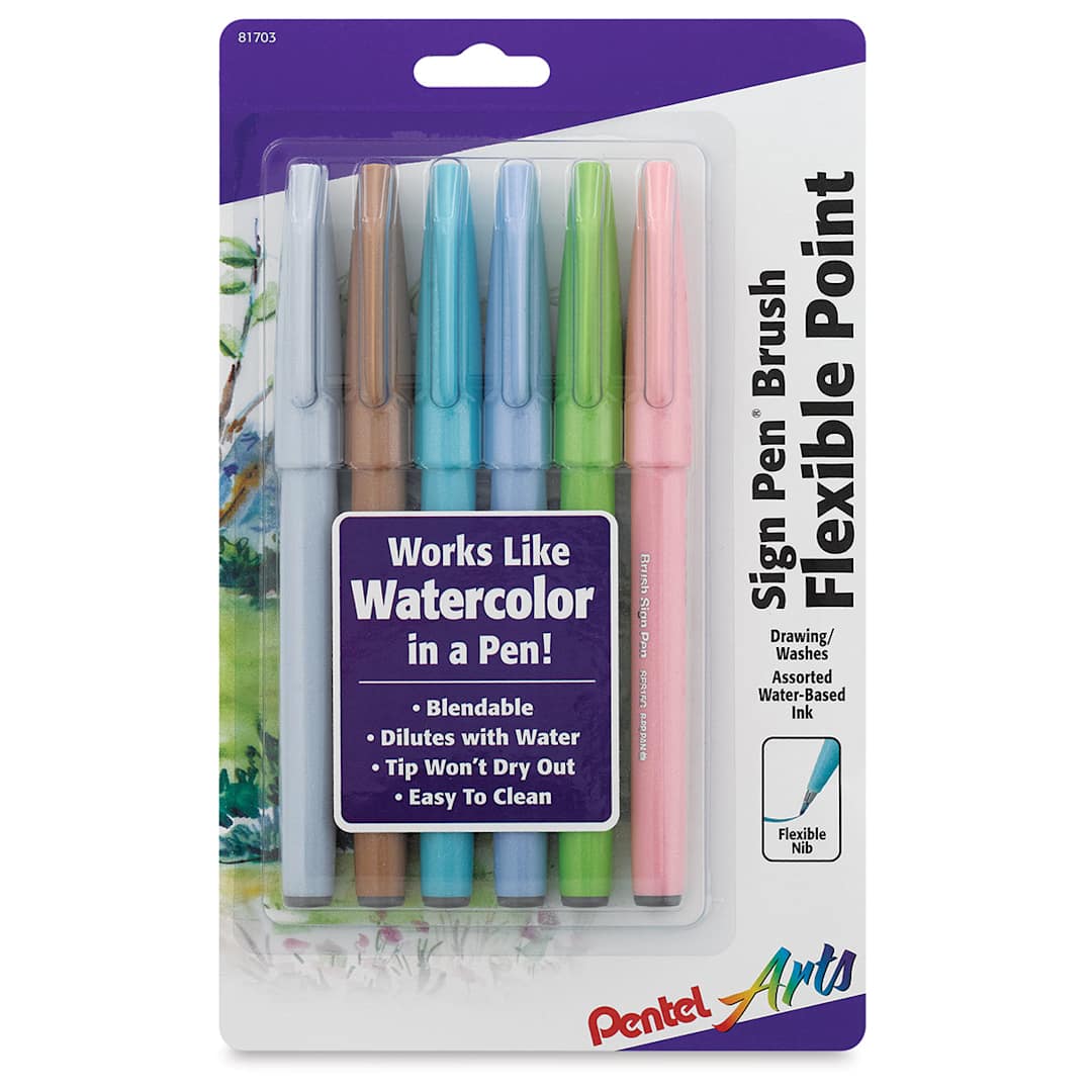Open in modal - Pentel Arts Brush Tip Sign Pens - Pastel Colors, Set of 6 (front of package)