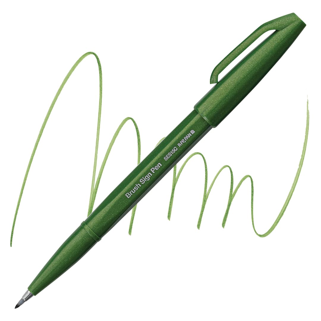 Open in modal - Pentel Arts Brush Tip Sign Pen - Olive Green pen and swatch