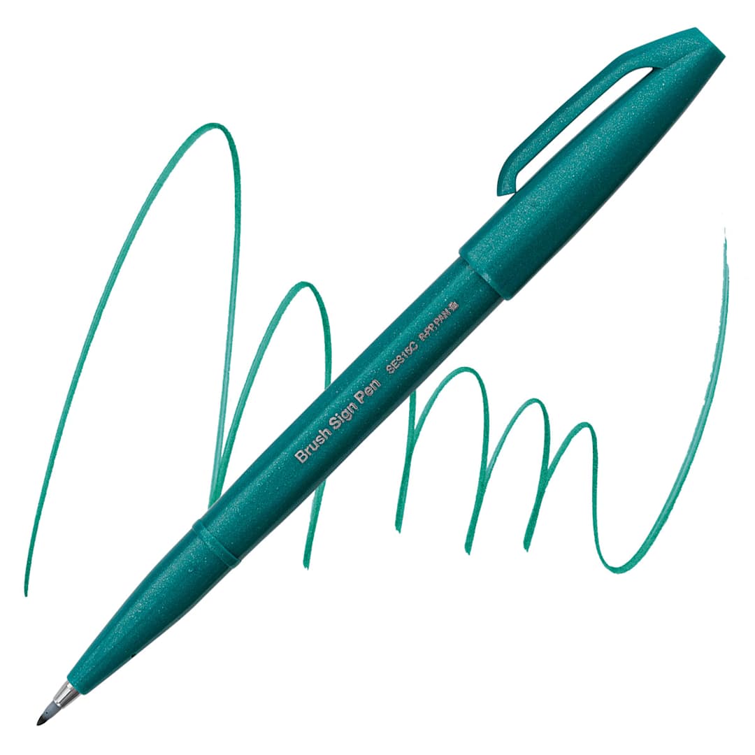Open in modal - Pentel Arts Brush Tip Sign Pen - Turquoise Green pen and swatch