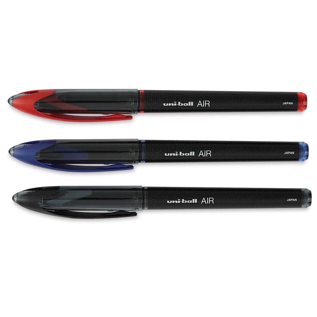 Open in modal - Uni-Ball Air Rollerball Pens - Red, Blue and Black pens shown capped horizontally
