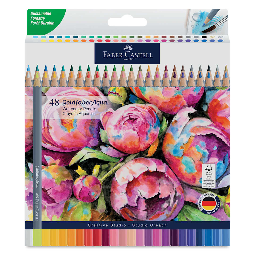 Open in modal - Faber Castell Goldfaber Aqua Watercolor Pencils - Set of 48, Assorted Colors, front of packaging