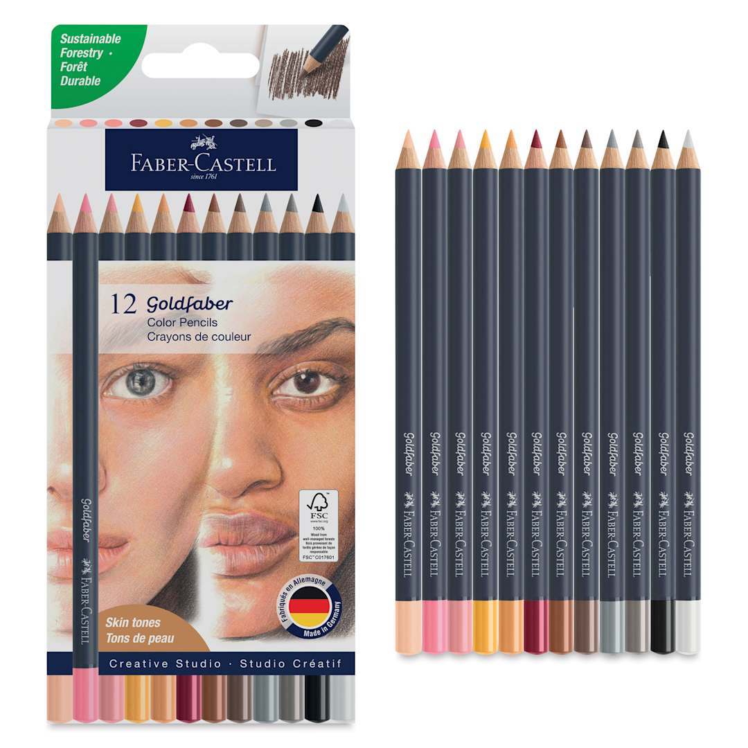 Open in modal - Faber-Castell Goldfaber Color Pencils - Set of 12, Skin Tones, front of packaging and set contents