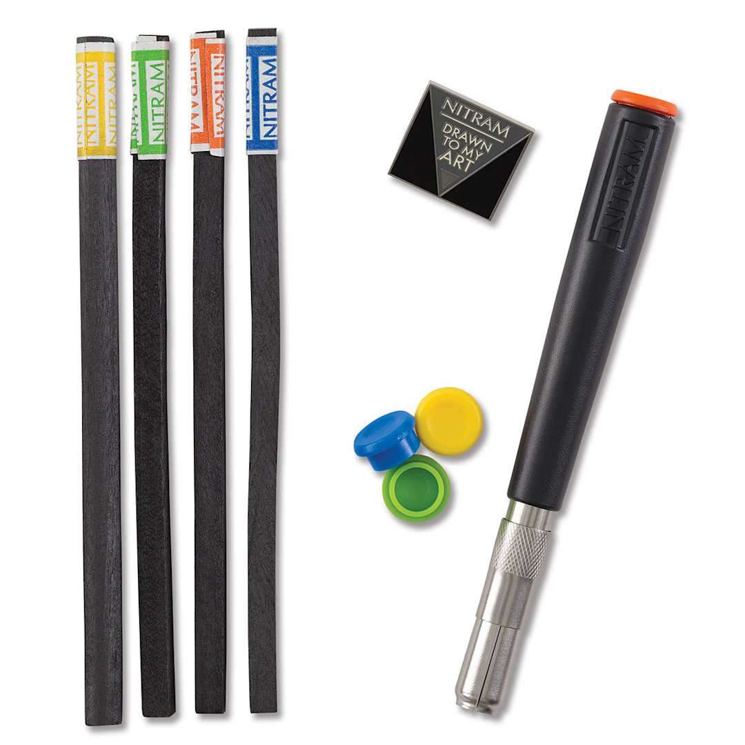 Open in modal - Nitram Stylus and Soft Charcoal Sticks - Set of 4 Charcoal sticks, Stylus and color coded caps shown