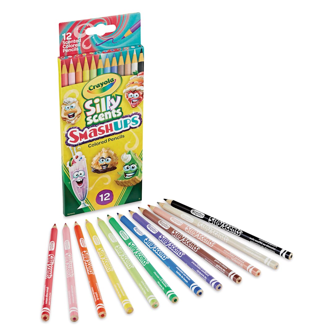 Open in modal - Crayola Silly Scents Colored Pencils - Set of 12, Smash Ups, colored pencils in front of box