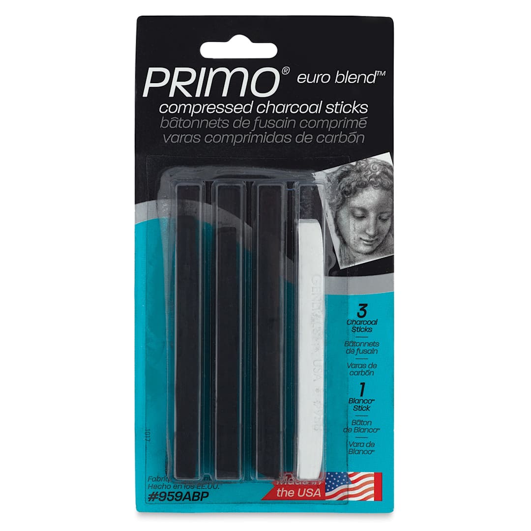 Open in modal - General's Primo Euro Blend Compressed Charcoal Sticks - Front of blister package showing sticks
