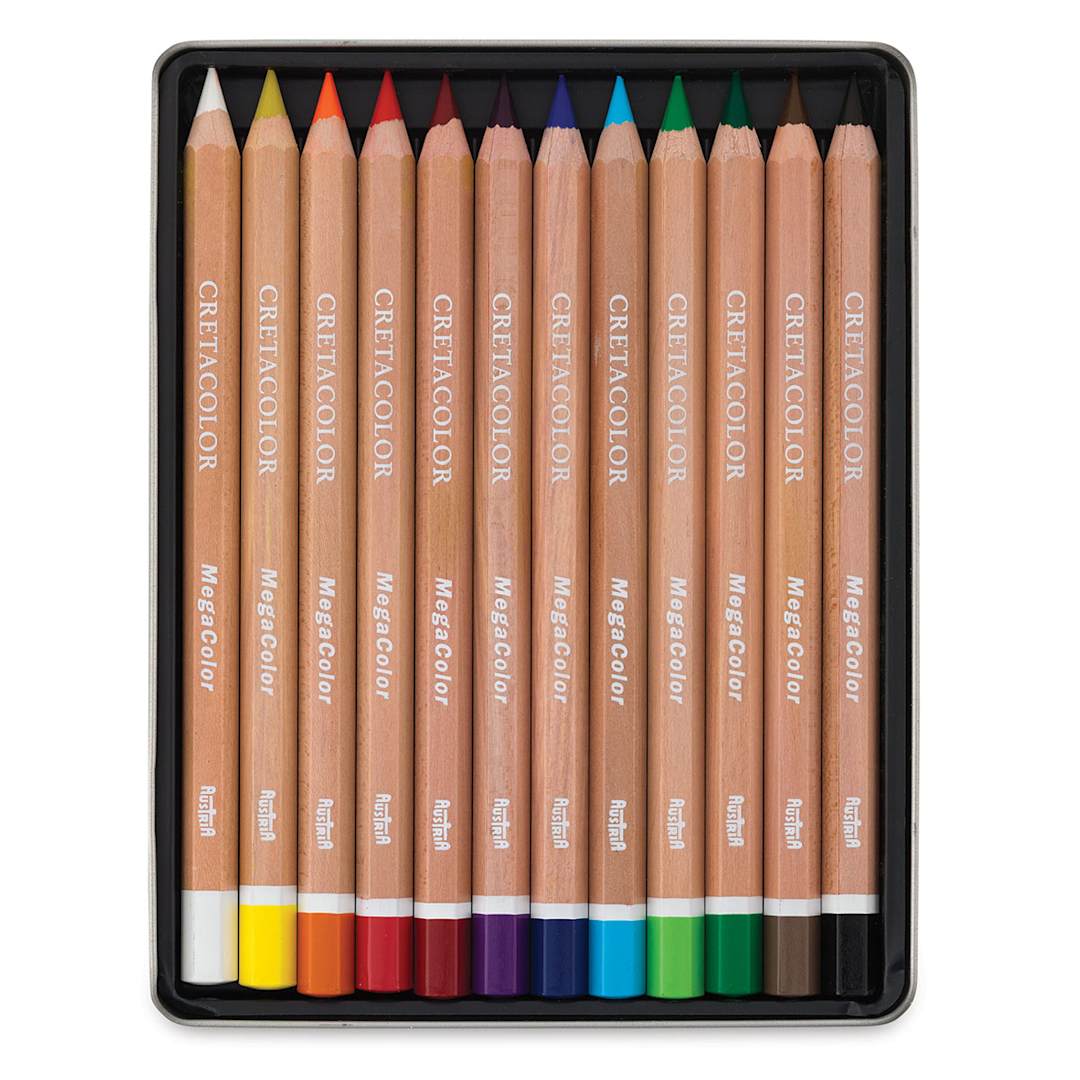 Open in modal - Cretacolor Mega Colored Pencil Sets - Components of 12 pc Set shown in storage tray
