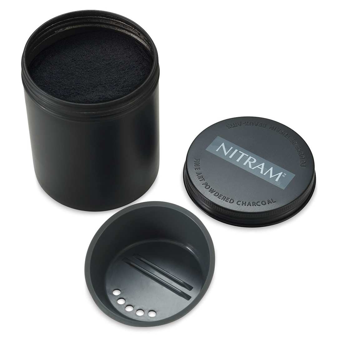 Open in modal - Nitram Powdered Charcoal - Canister of charcoal shown with reservoir and lid adjacent
