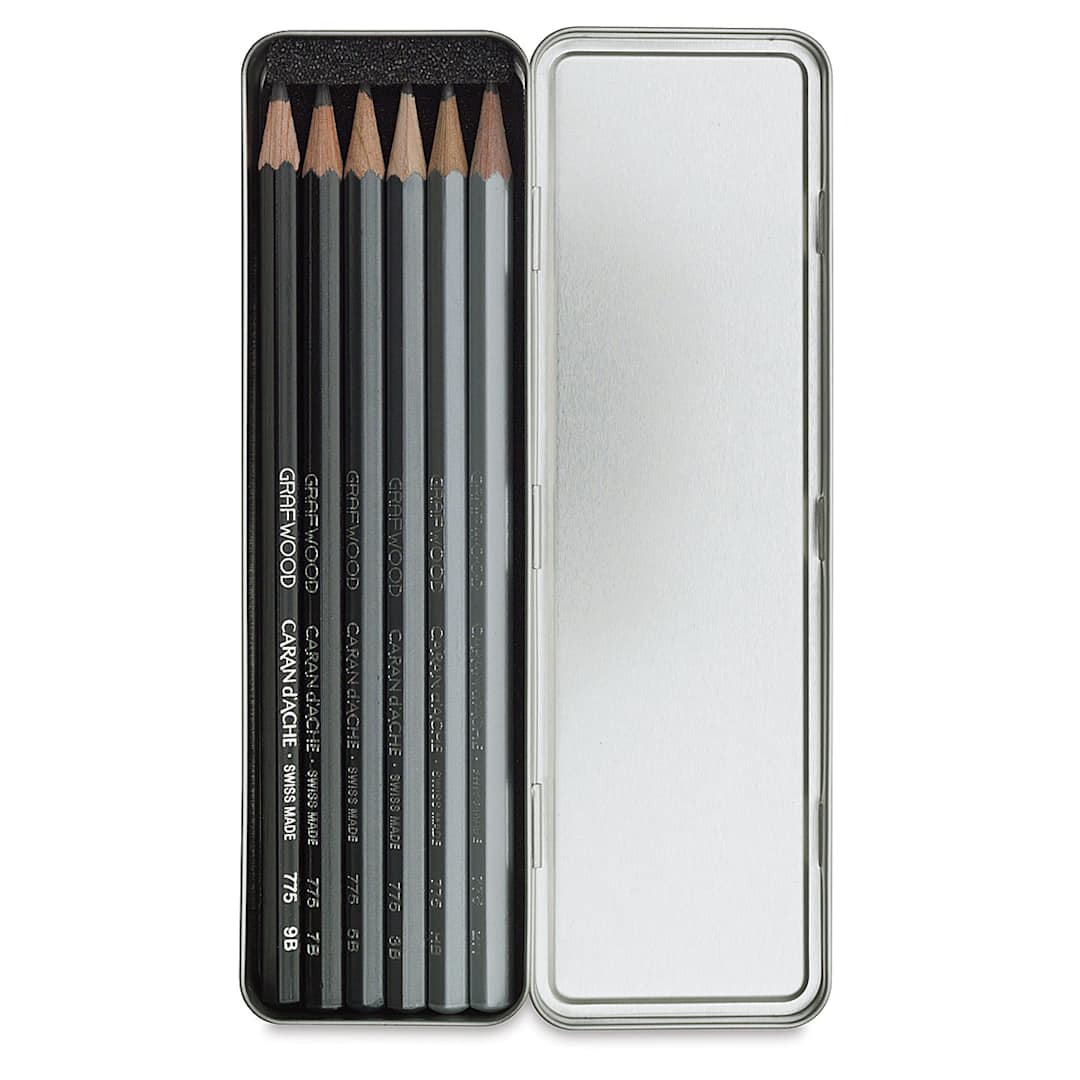 Open in modal - Caran d'Ache Grafwood Pencils and Sets - top view of 6 pc Set shown in opened Storage Tin