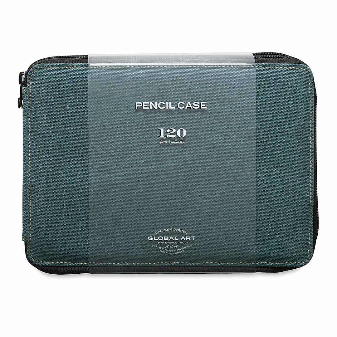 Open in modal - Speedball Canvas Pencil Case - Steel Blue, for 120 Pencils, front of the packaging sleeve