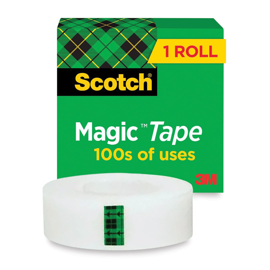 Open in modal - Scotch Magic Transparent Tape Roll - 3/4" x 36 yards, 1" Core, roll shown in front of packaging