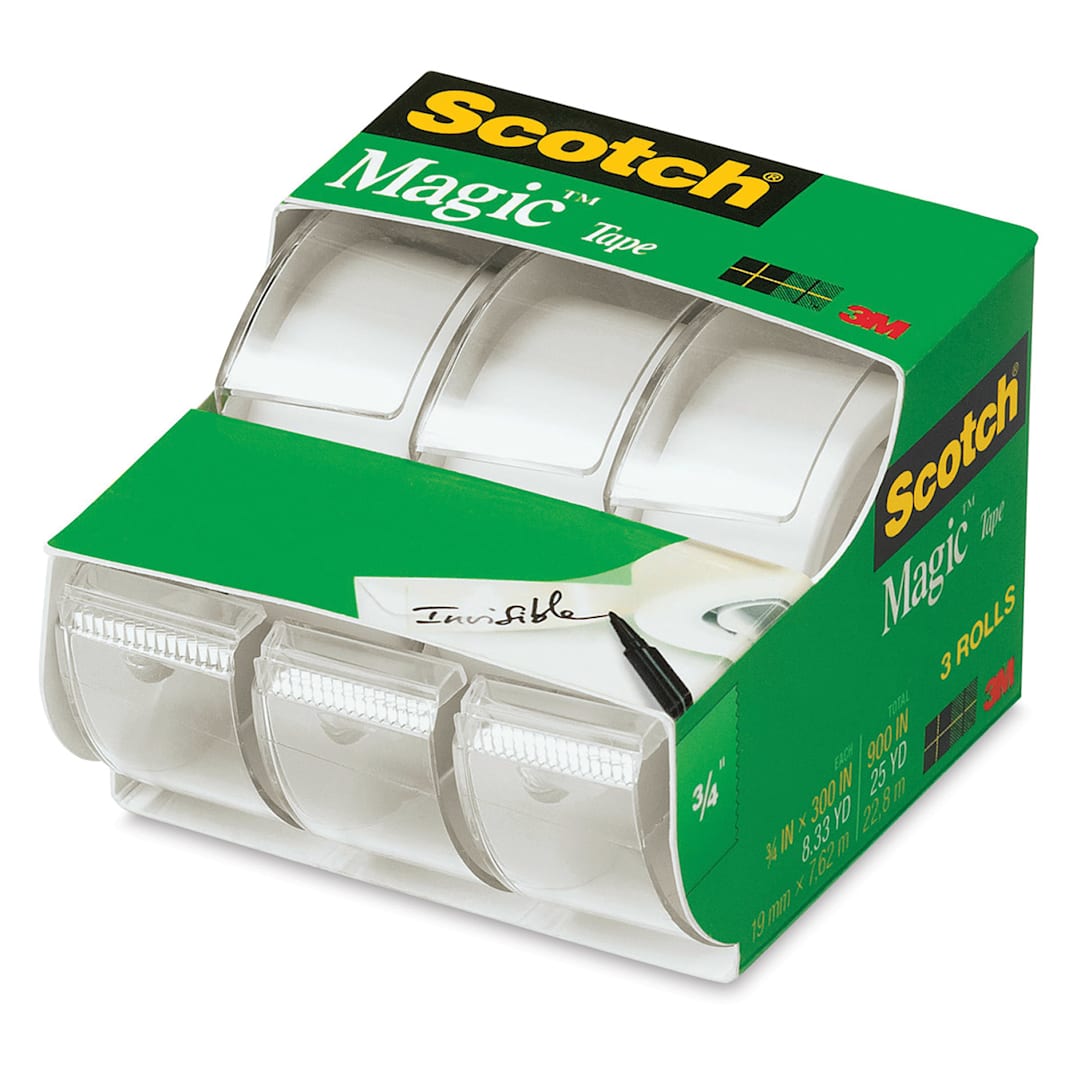 Open in modal - Scotch Magic Transparent Tape - Top angled view of 3 3/4" Tapes in dispensers packaged together 