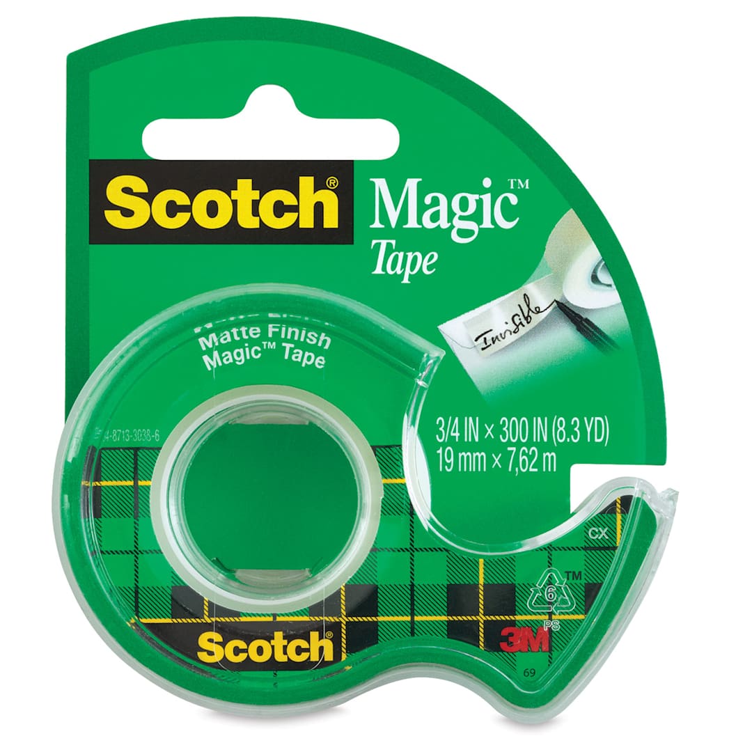 Open in modal - Scotch Magic Transparent Tape - Side view of small package of 3/4" Tape in dispenser 