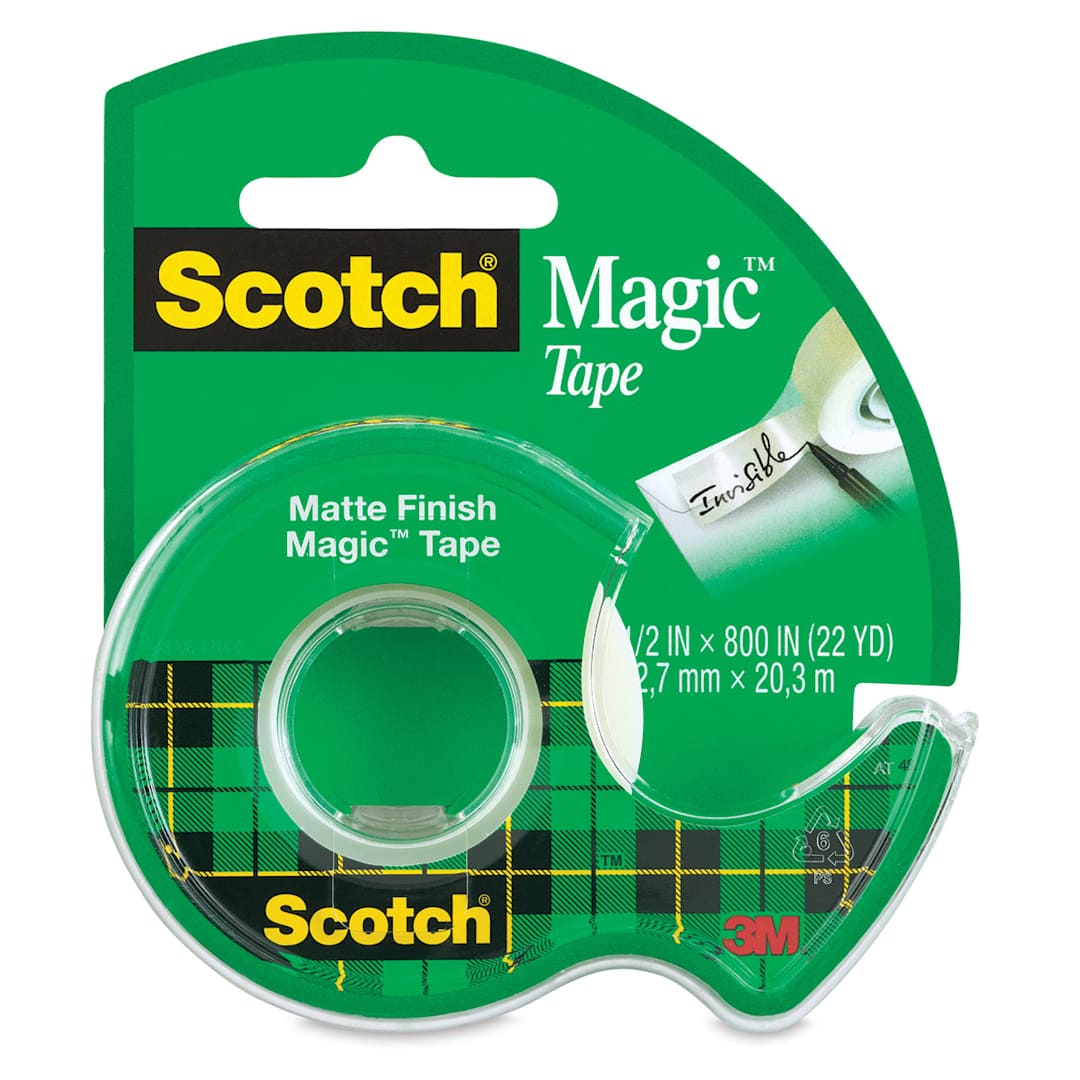 Open in modal - Scotch Magic Transparent Tape - Side view of package of 1/2" Tape in dispenser 