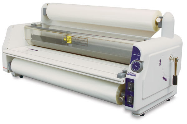 Open in modal - 25" Roller Laminator - Angled view showing controls and loaded laminating film roll not included