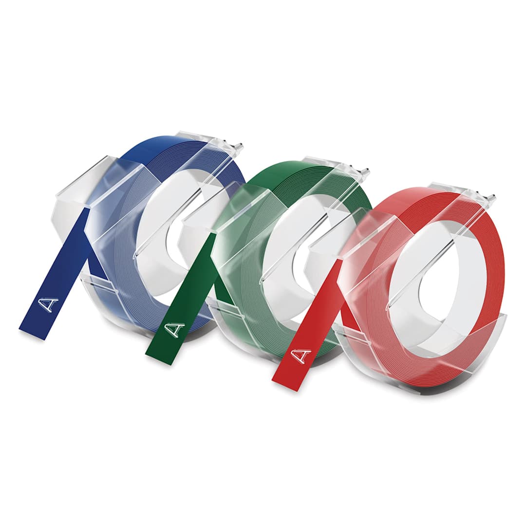 Open in modal - Dymo Xpress Embossing Label Maker - Blue, Green, Red rolls of label tape
