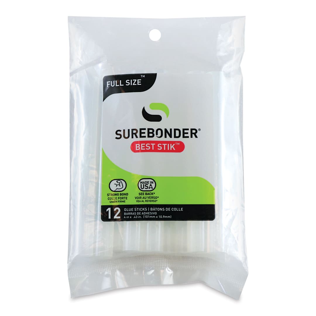 Open in modal - Surebonder Best Stik Special Surface All-Temp Glue Sticks - Front of Package of 12 stick shown