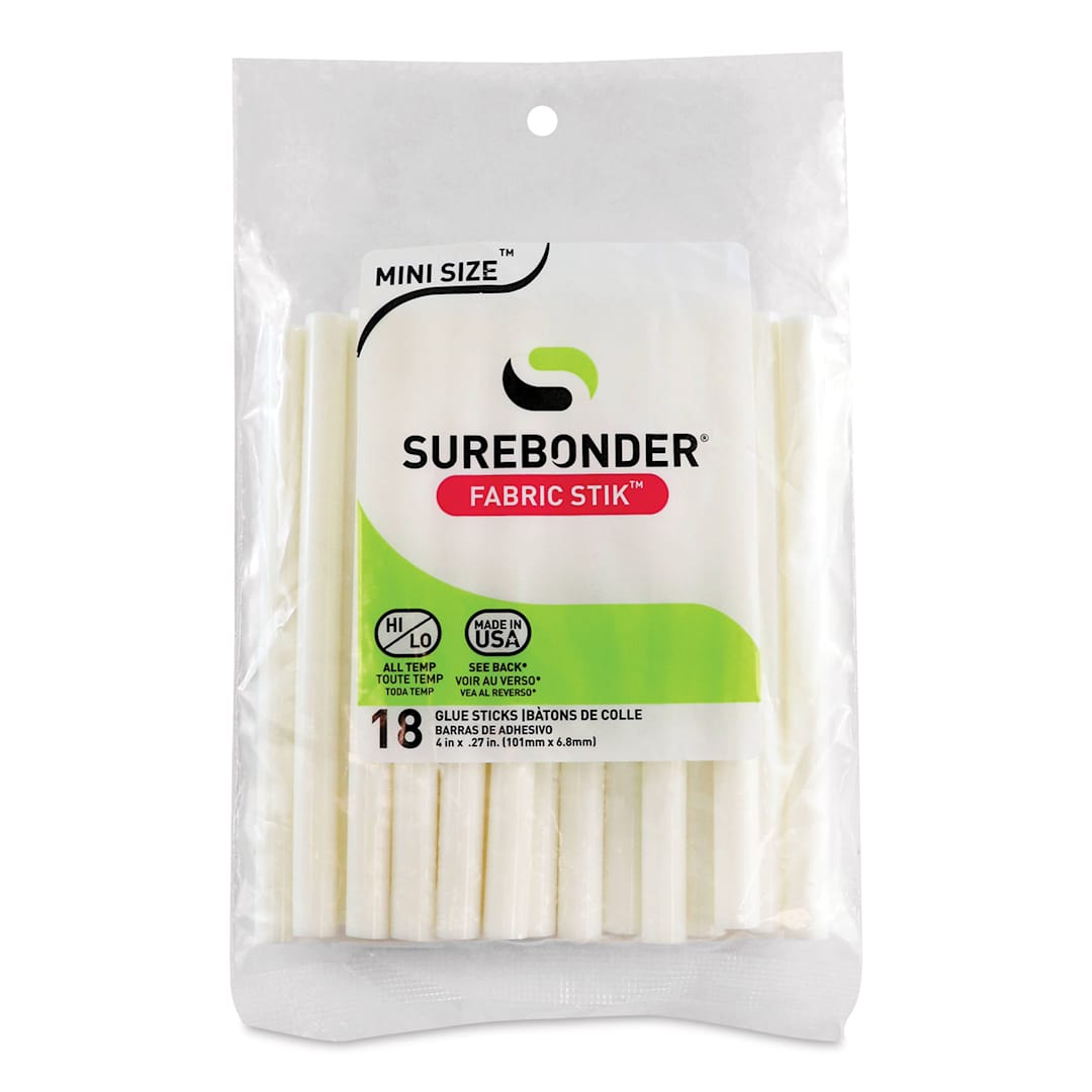 Open in modal - Surebonder Mini Fabric Stik All-Temp Hot Glue Sticks - 4" x 5/16", Pkg of 18 (Front of package)