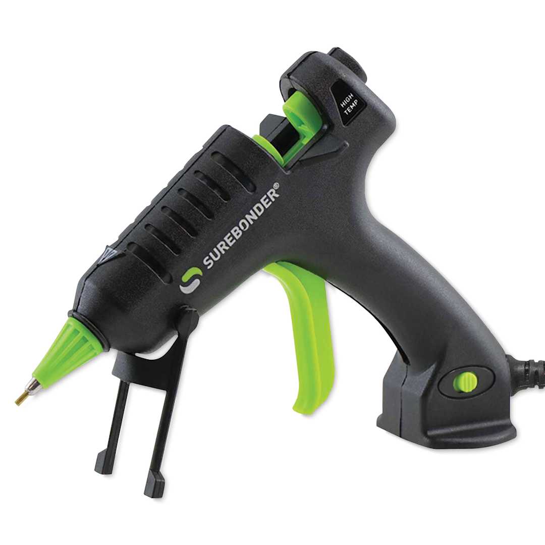 Open in modal - Surebonder Detail Tip High Temp Mini Glue Gun - Angled view of Gun on integrated stand

